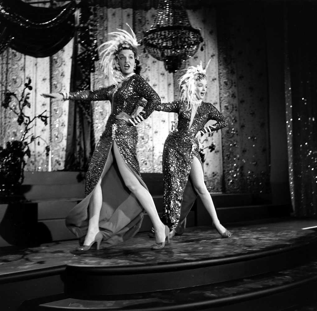 Marilyn Monroe, Jane Russell, on the set of Gentleman Prefer Blondes